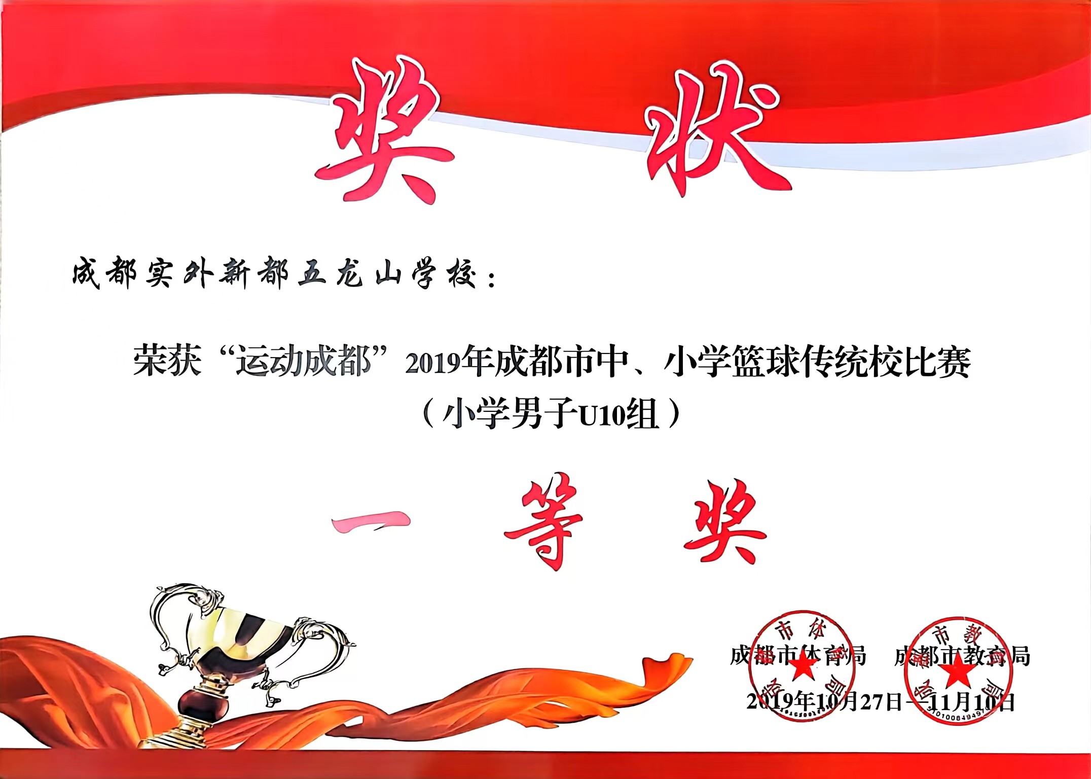 2019年10月成都市中、小學(xué)籃球傳統(tǒng)校比賽(小學(xué)男子U10組)：一等獎(jiǎng)