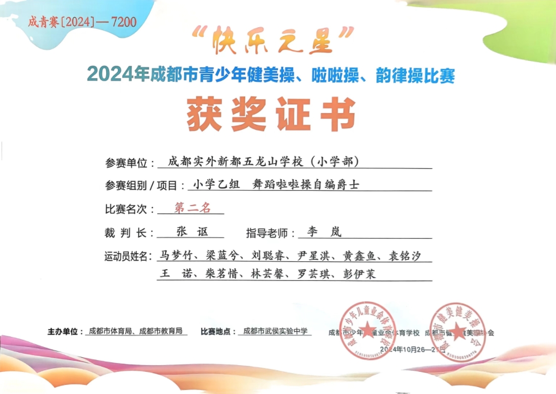 學(xué)校獲獎(jiǎng)丨2024年10月成都市青少年健美操、啦啦操、韻律操比賽 小學(xué)乙組舞蹈啦啦操自編爵士：第二名